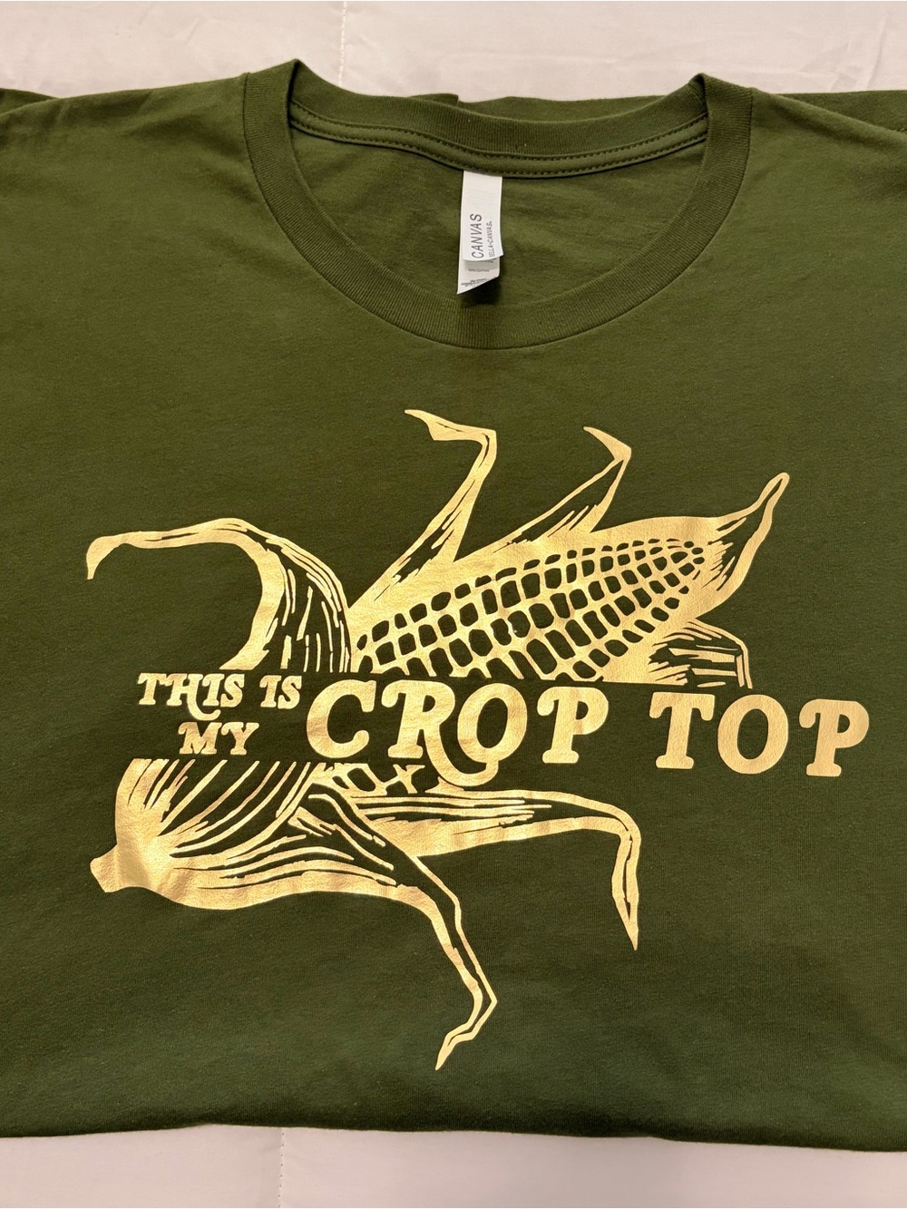 Bella Canvas Olive Green Graphic Crop Top T-Shirt with Gold Print